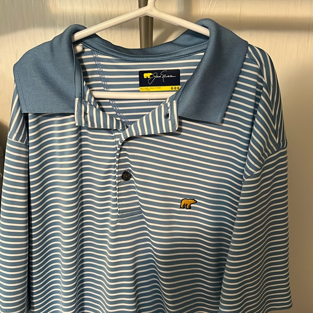 Jack Nicklaus Golden Bear Blue/White Striped Collared Shirt. Size//Medium